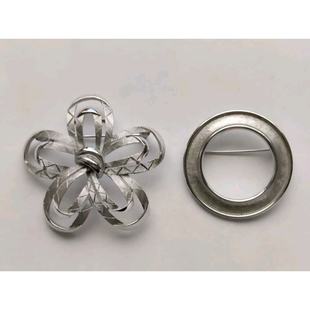 Vintage Crown Trifari Brooch Pins Lot Of 2 Silver Tone Flower Circle ~2"